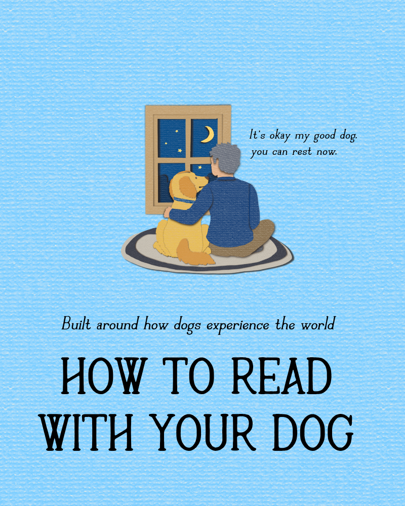 A book cover titled 'HOW TO READ WITH YOUR DOG' and 'Built around how dogs experience the world.' on a light blue textured background. The top features an illustration of a person sitting by a window next to a yellow dog, with the text 'It's okay my good dog, you can rest now.