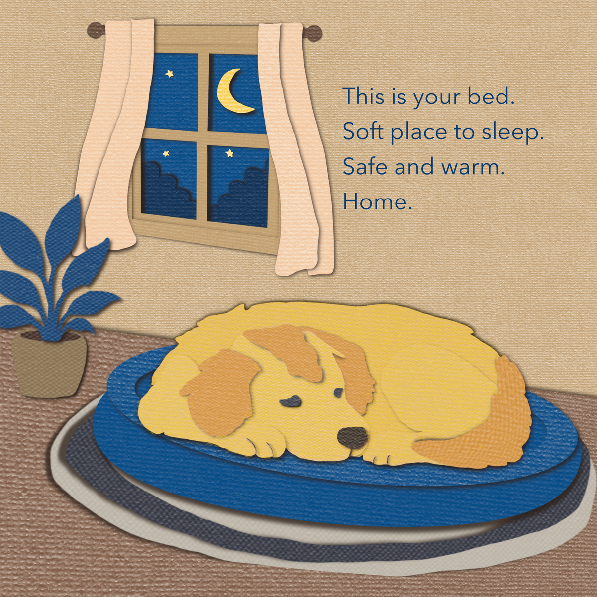 A cozy illustrated scene of a yellow sleeping dog curled up on a blue dog bed on the floor. A window with cream curtains shows a night sky with a crescent moon and stars.
