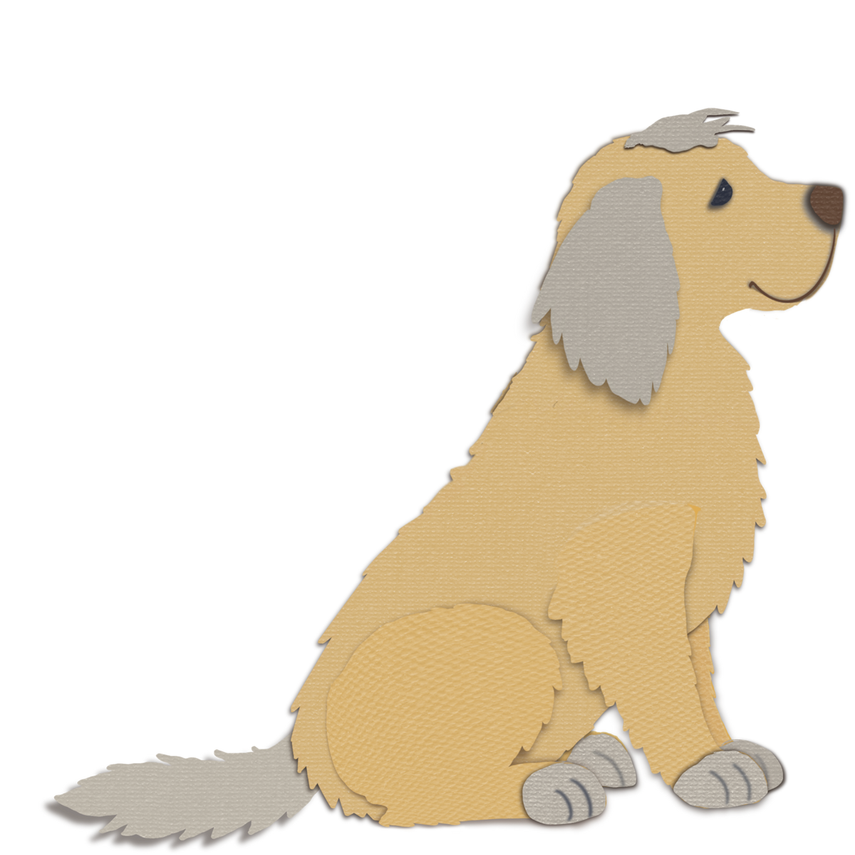 A stylized old dog illustration in side profile sitting down, shown against a plain white background. The dog is tan with light gray ears, paws, and tail, and has a stitched or textured look.