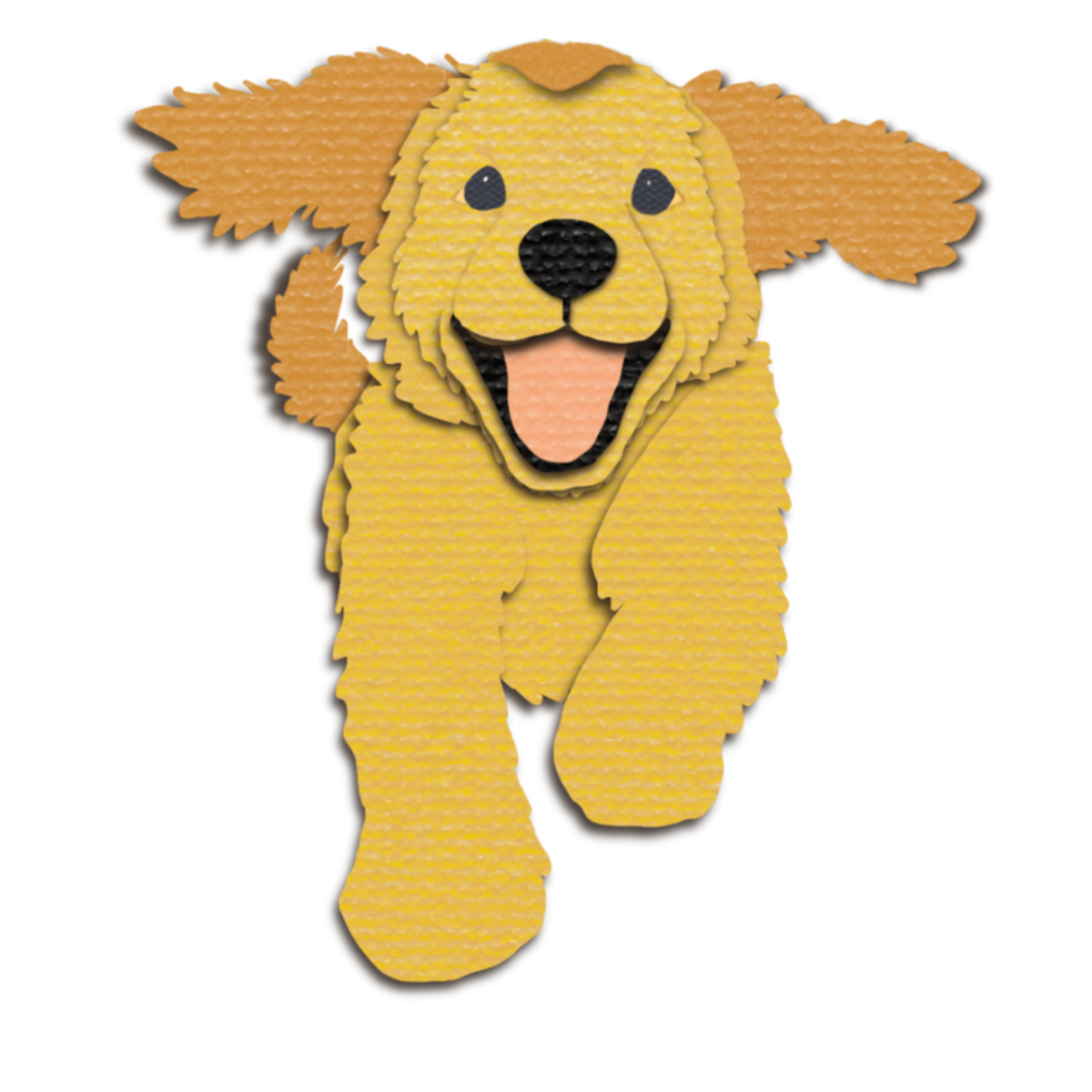 A stylized golden-yellow dog illustration with floppy ears, a black nose and eyes, and a pink tongue, shown on a plain white background.
