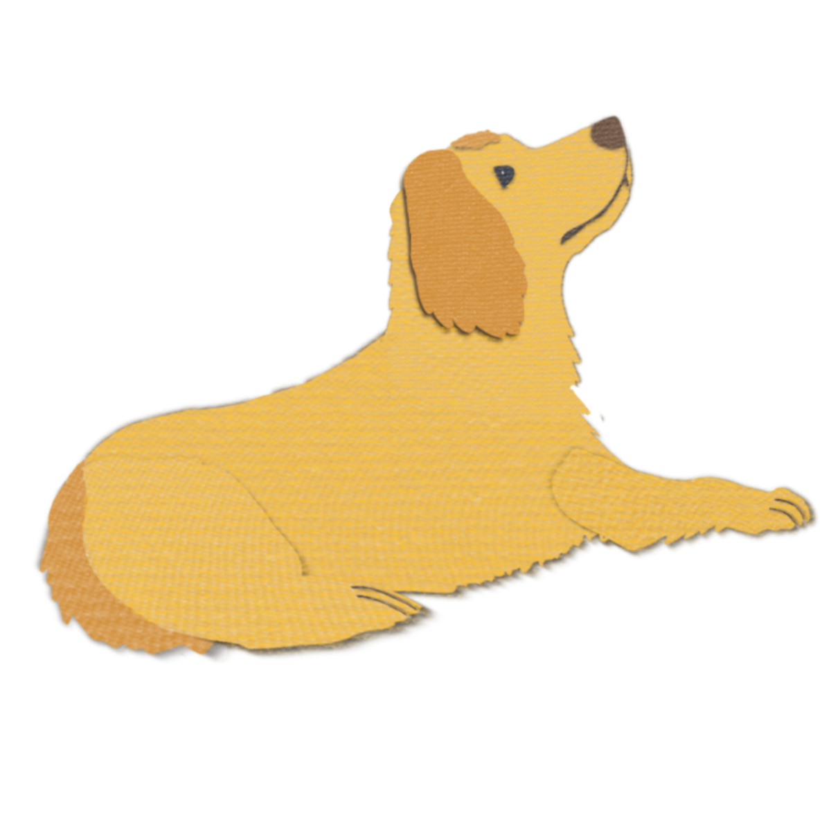 A stylized golden retriever dog lying down and looking up illustration in warm yellow and tan tones on a plain white background.