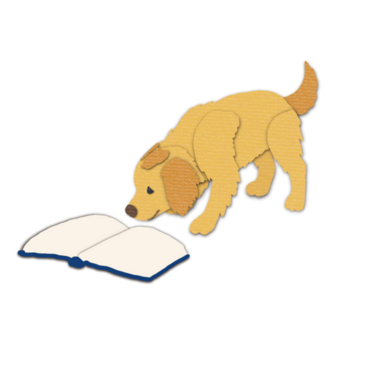 A cut-paper-art golden retriever dog with a yellow body and brown ears and tail, sniffing an open white book with a blue spine.